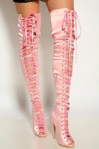 Blush Peep Toe  Lace Up Satin Thigh High Single Sole High Heel Boots - AMIClubwear