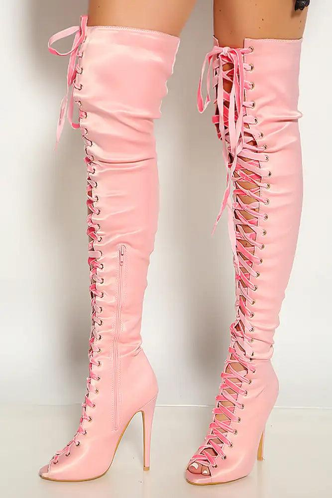 Blush Peep Toe  Lace Up Satin Thigh High Single Sole High Heel Boots - AMIClubwear