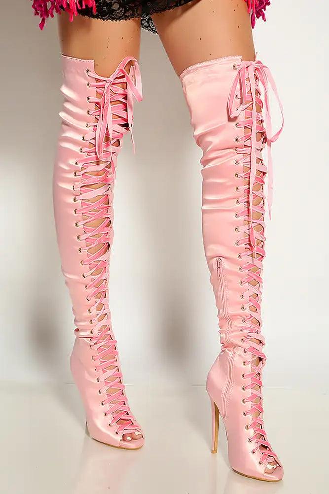 Blush Peep Toe  Lace Up Satin Thigh High Single Sole High Heel Boots - AMIClubwear