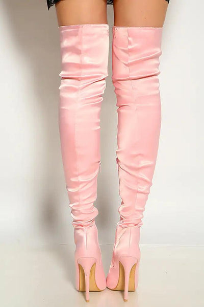 Blush Peep Toe  Lace Up Satin Thigh High Single Sole High Heel Boots - AMIClubwear