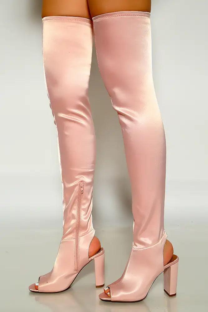 Blush Satin Open Toe Thigh High Chunky Heel boots