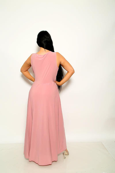 Blush V-Neck Sleeveless Slit Open Maxi Plus Size Dress - AMIClubwear