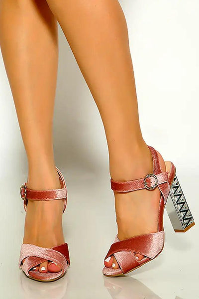 Blush Velvet Criss Cross Detailed Chunky High  Heels - AMIClubwear