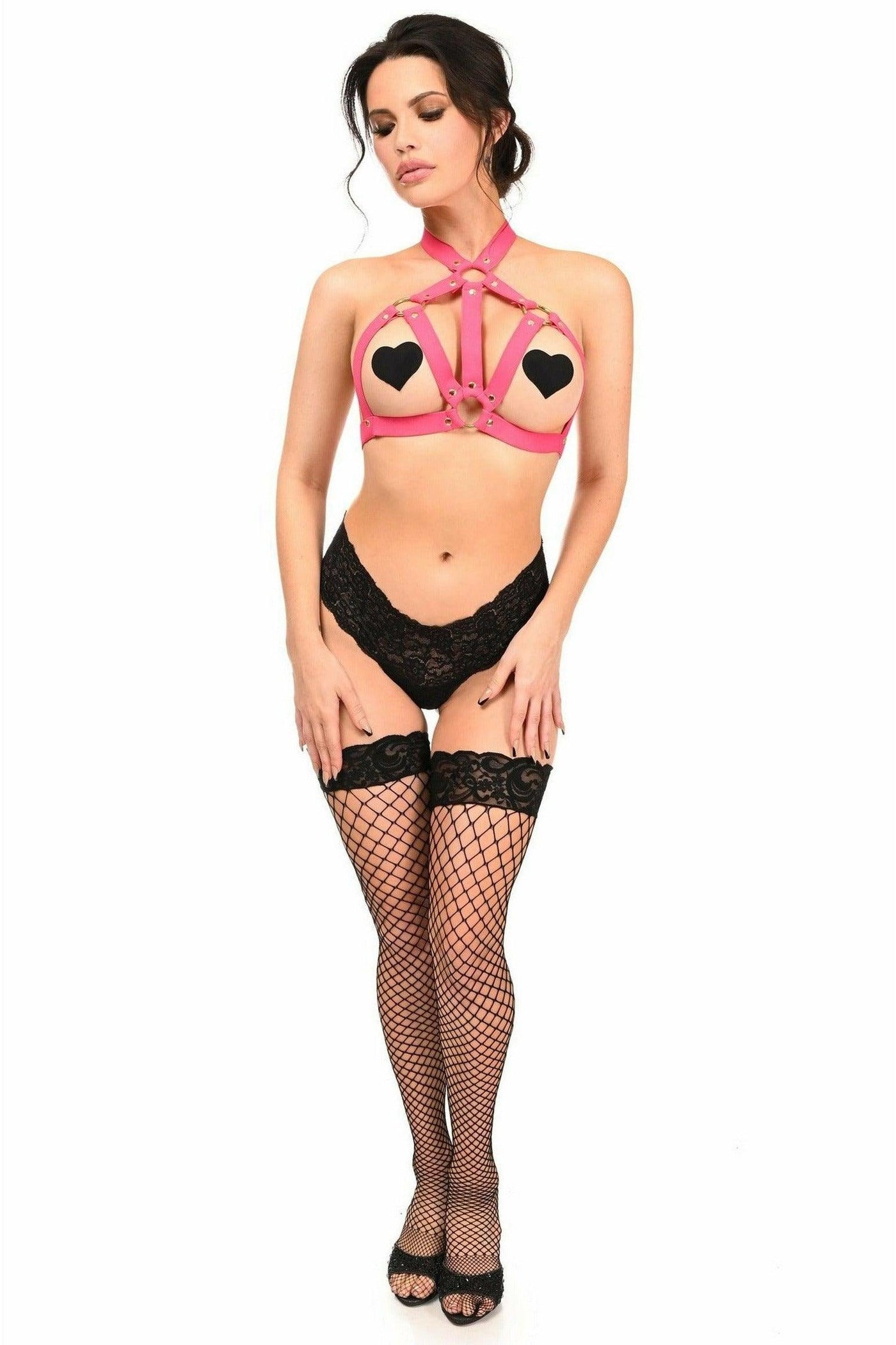 Hot Pink Stretchy Body Harness w/Gold Hardware - Daisy Corsets