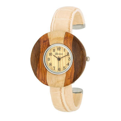 Brenna Beige Wood Inspired Leather Cuff Watch - AMIClubwear