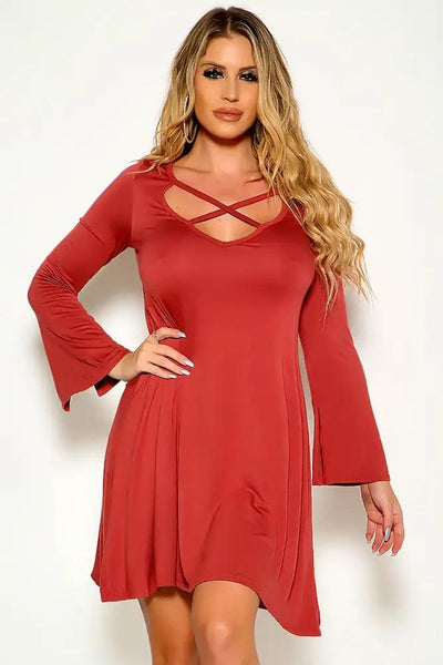 Brick Red Flared Long Sleeve Criss Cross Dress - AMIClubwear