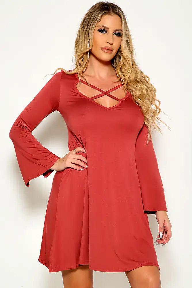 Brick Red Flared Long Sleeve Criss Cross Dress - AMIClubwear