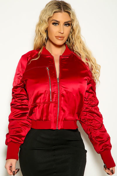 Bright Burgundy Zip Up Front Bomber Long Sleeve Jacket - AMIClubwear