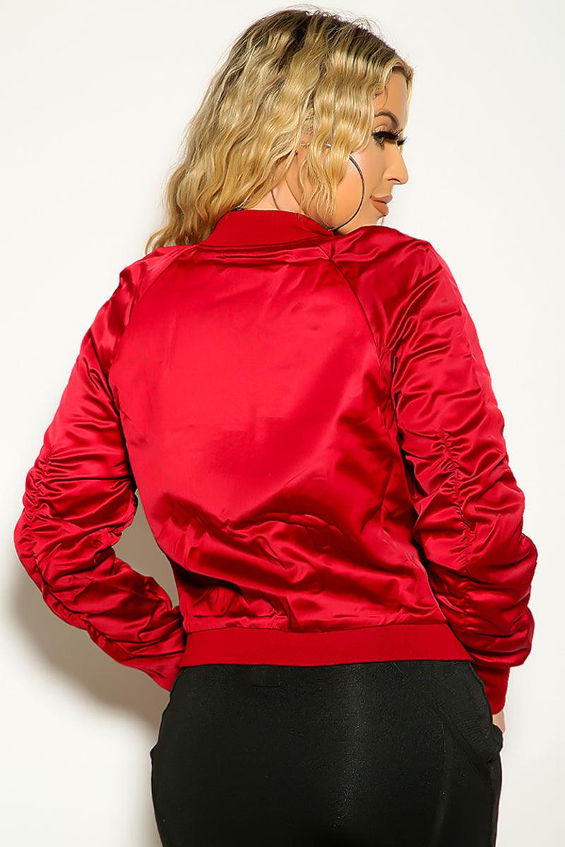 Bright Burgundy Zip Up Front Bomber Long Sleeve Jacket - AMIClubwear