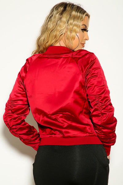 Bright Burgundy Zip Up Front Bomber Long Sleeve Jacket - AMIClubwear