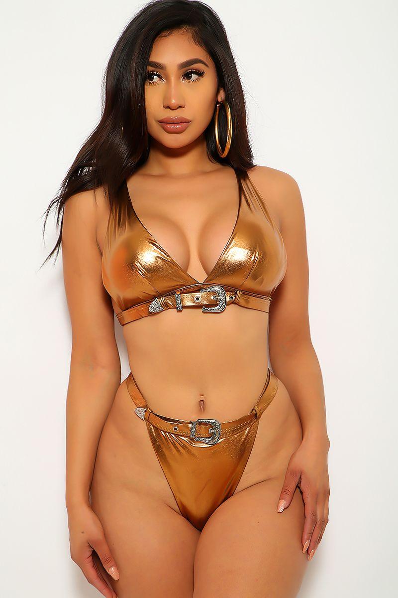 Bronze Metallic Belted Two Piece Swimsuit - AMIClubwear