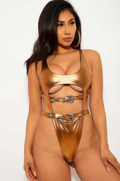 Bronze Metallic Cut Out Monokini - AMIClubwear