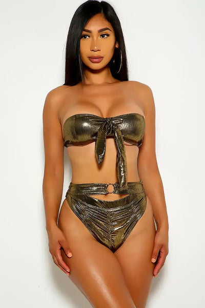 Bronze Ruched Strapless two Piece swimsuit - AMIClubwear