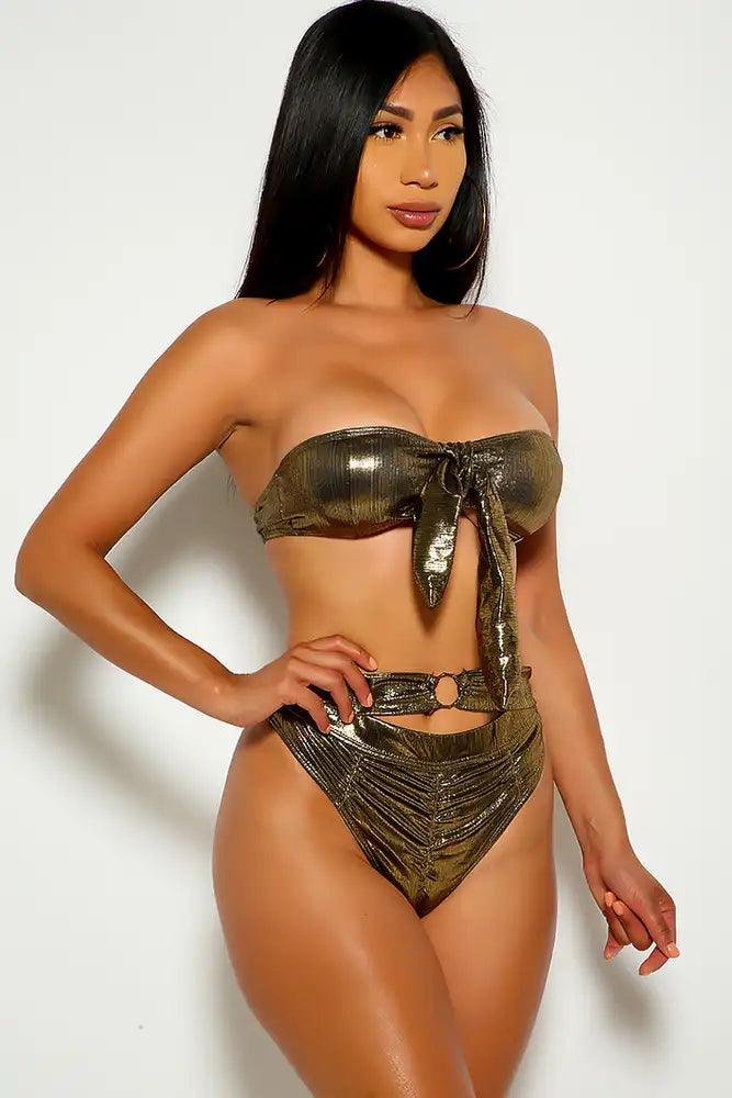 Bronze Ruched Strapless two Piece swimsuit - AMIClubwear