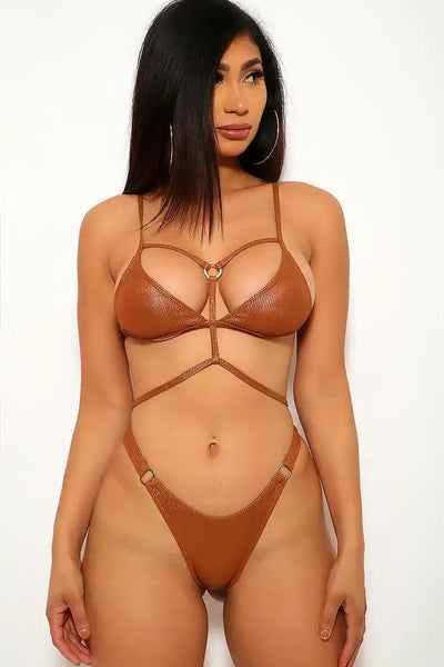 Bronze Shimmery O-Ring Accent Two Piece Bikini - AMIClubwear