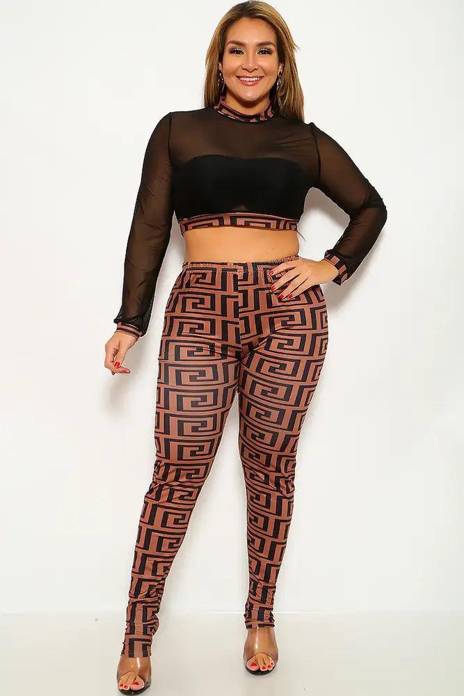 Brown Black Geometric Print Plus Size Two Piece Outfit - AMIClubwear