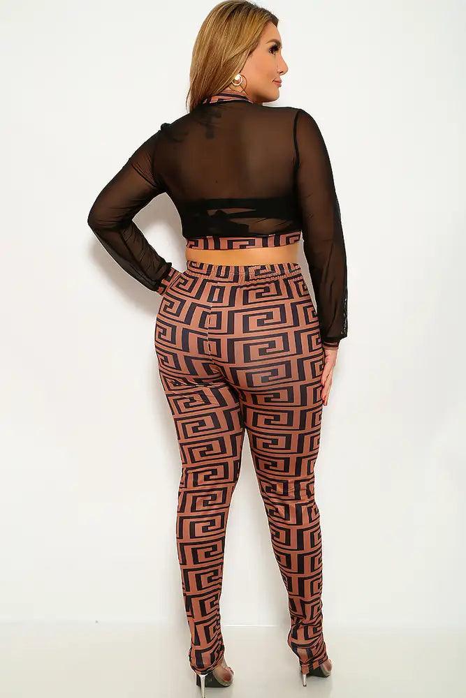 Brown Black Geometric Print Plus Size Two Piece Outfit - AMIClubwear