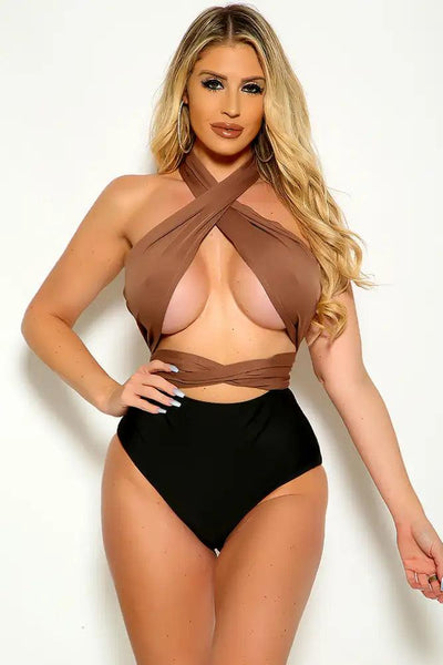 Brown Black High Neck Wrap around One Piece Swimuit - AMIClubwear