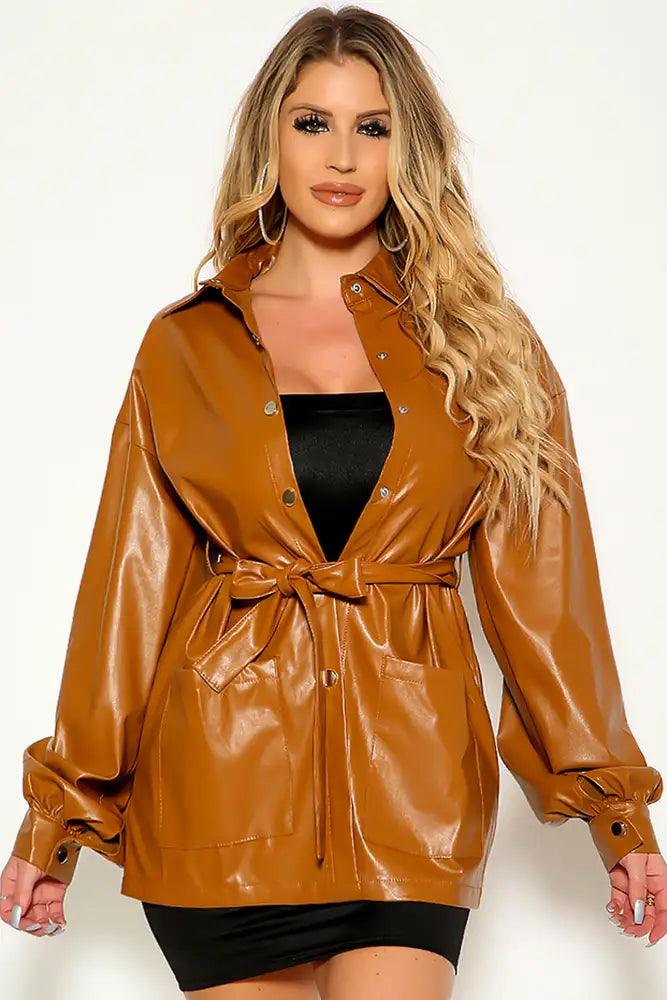Brown Button up Long Sleeve Faux Leather Belted Jacket - AMIClubwear
