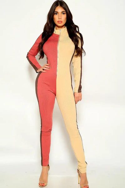 Brown Camel Long Sleeve Front Zipper Jumpsuit - AMIClubwear