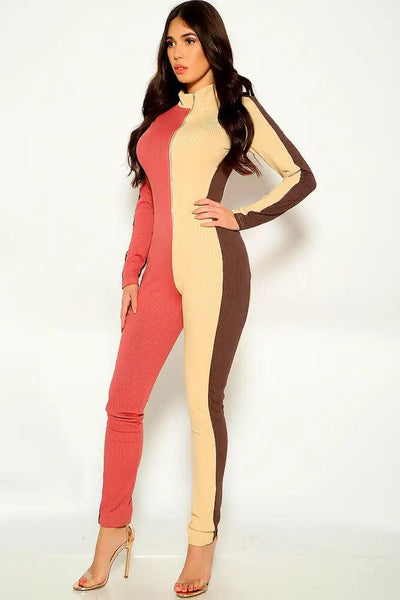 Brown Camel Long Sleeve Front Zipper Jumpsuit - AMIClubwear