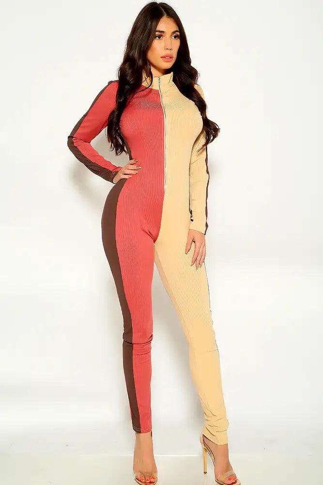 Brown Camel Long Sleeve Front Zipper Jumpsuit - AMIClubwear