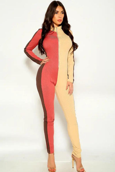 Brown Camel Long Sleeve Front Zipper Jumpsuit - AMIClubwear