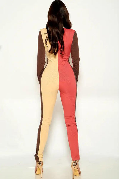 Brown Camel Long Sleeve Front Zipper Jumpsuit - AMIClubwear