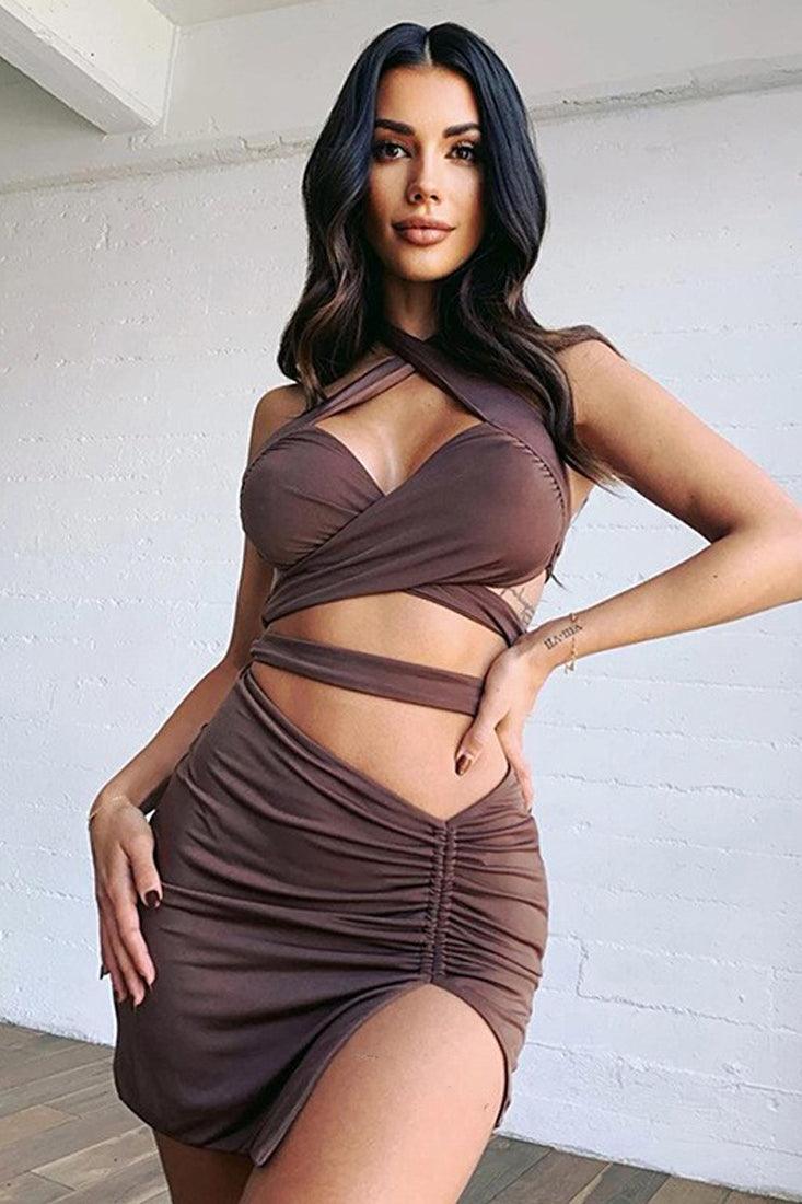 Brown Cropped Halter Top & Ruched Mini Skirt 2 Pc Set - AMIClubwear