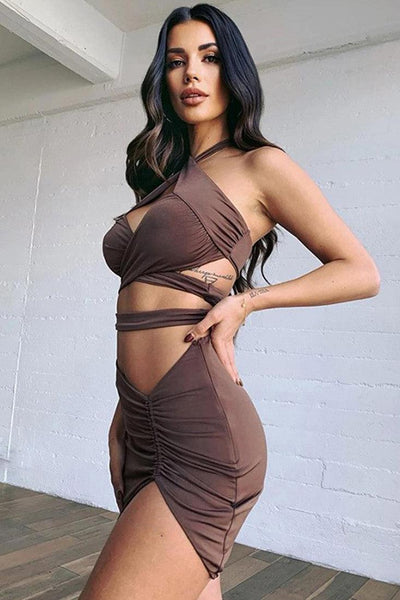 Brown Cropped Halter Top & Ruched Mini Skirt 2 Pc Set - AMIClubwear