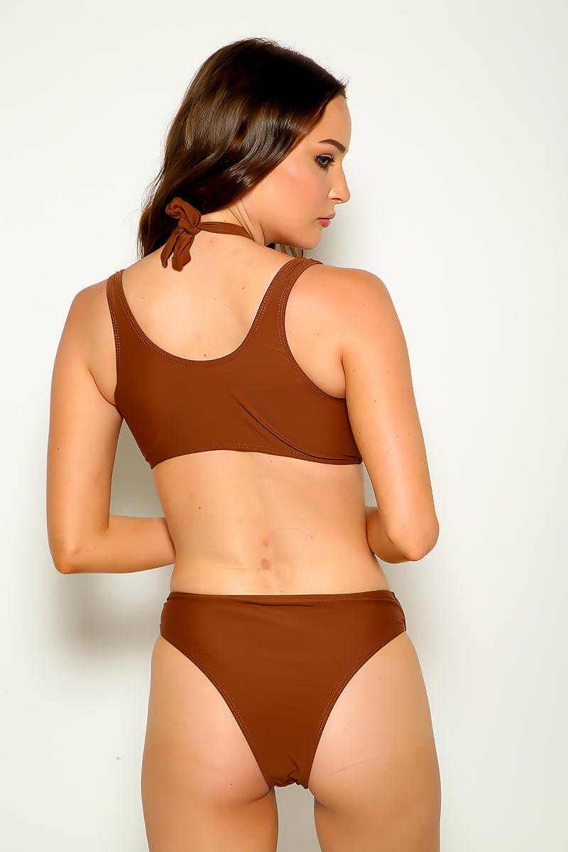 Brown Cut Out Halter Sexy Two Piece Swimsuit - AMIClubwear