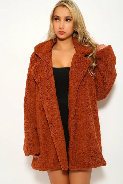 Brown Faux Fur Sherpa Long Sleeve Coat - AMIClubwear