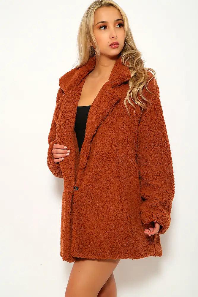 Brown Faux Fur Sherpa Long Sleeve Coat - AMIClubwear