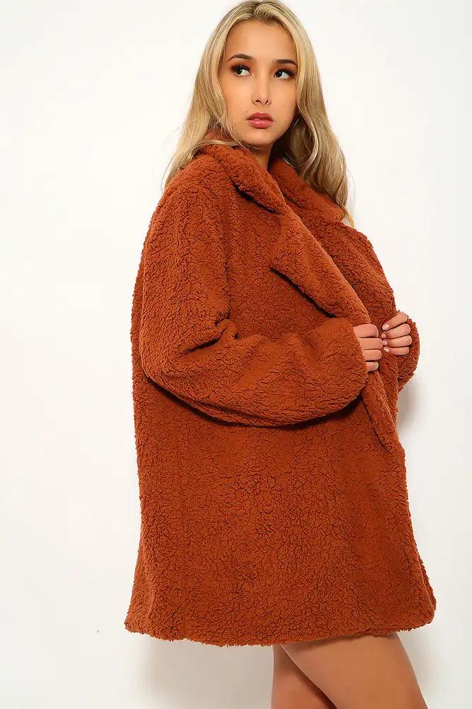 Brown Faux Fur Sherpa Long Sleeve Coat - AMIClubwear