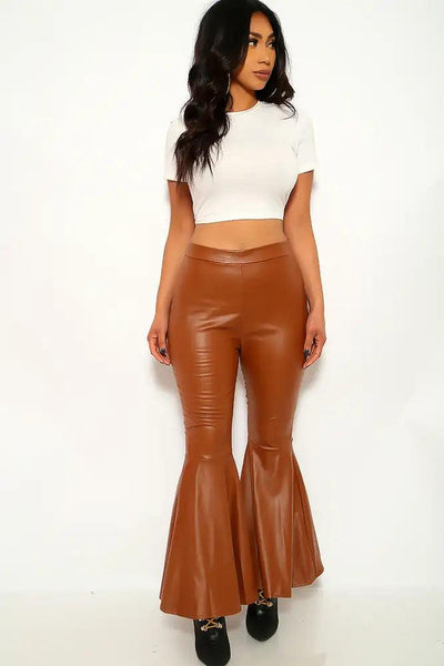 Brown Faux Leather Flared Pants - AMIClubwear