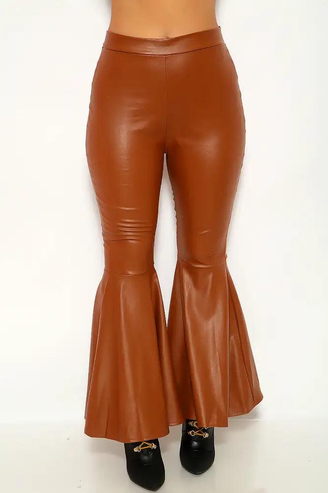 Brown Faux Leather Flared Pants - AMIClubwear