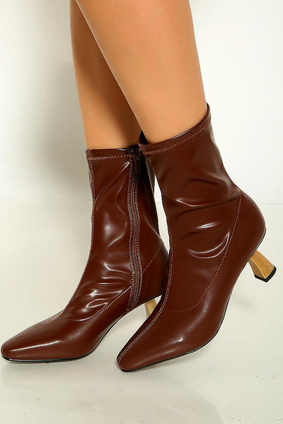 Brown Faux Leather Single Sole Chunky Heel pointy Toe Booties - AMIClubwear