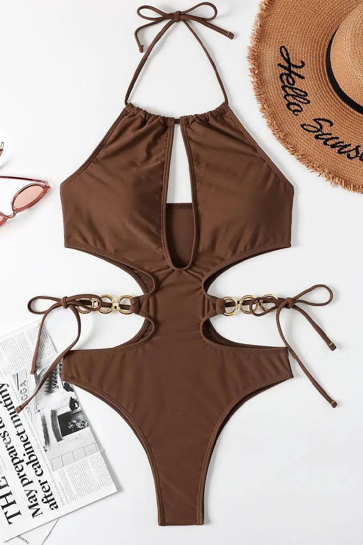 Brown Gold Ring Linked Cut Out Halter One Pc Swimsuit