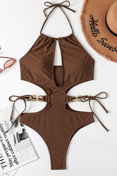 Brown Gold Ring Linked Cut Out Halter One Pc Swimsuit - AMIClubwear