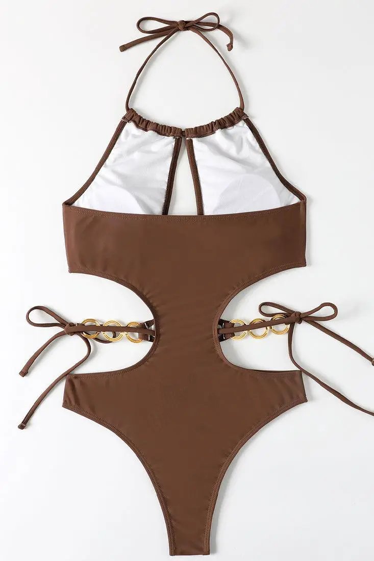 Brown Gold Ring Linked Cut Out Halter One Pc Swimsuit
