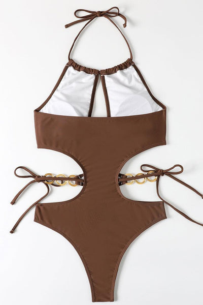 Brown Gold Ring Linked Cut Out Halter One Pc Swimsuit - AMIClubwear