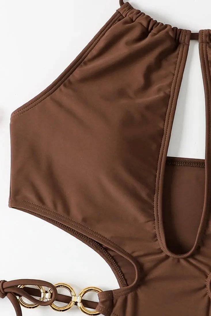 Brown Gold Ring Linked Cut Out Halter One Pc Swimsuit