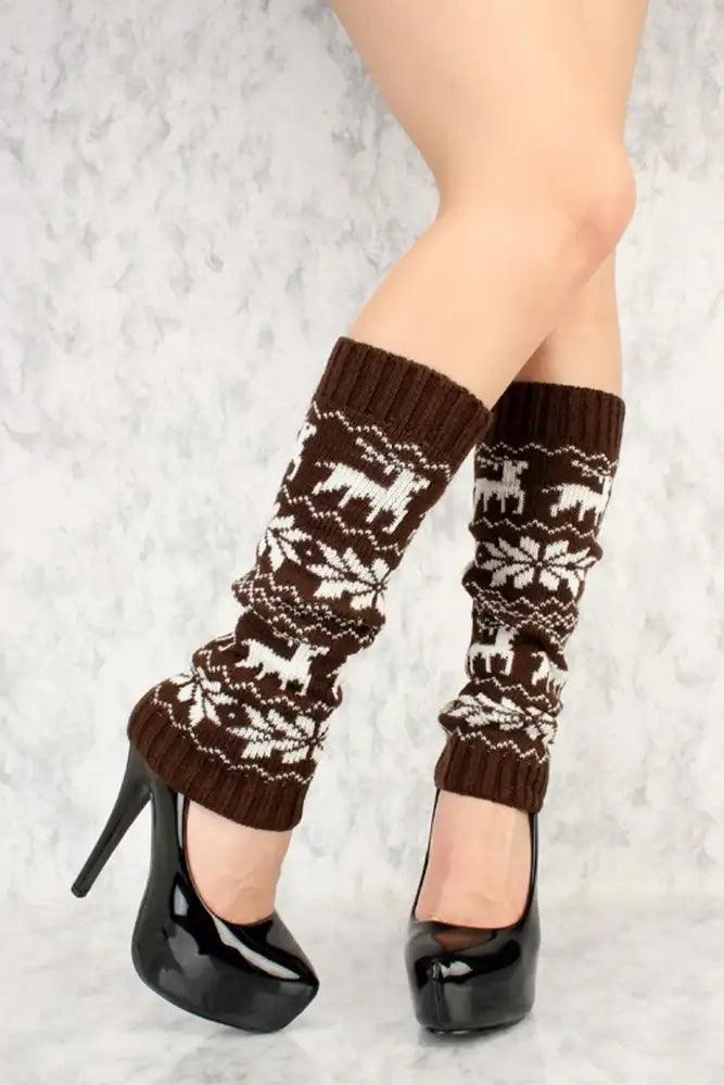 Brown Knitted Detail Graphic Print Winter Leg Warmers - AMIClubwear