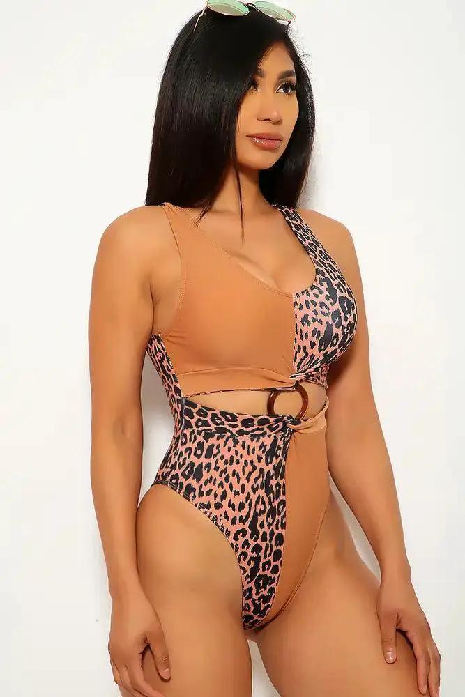 Brown Leopard Print One Piece Swimsuit