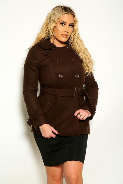 Brown Long Sleeve Double Button Belted Winter Coat - AMIClubwear
