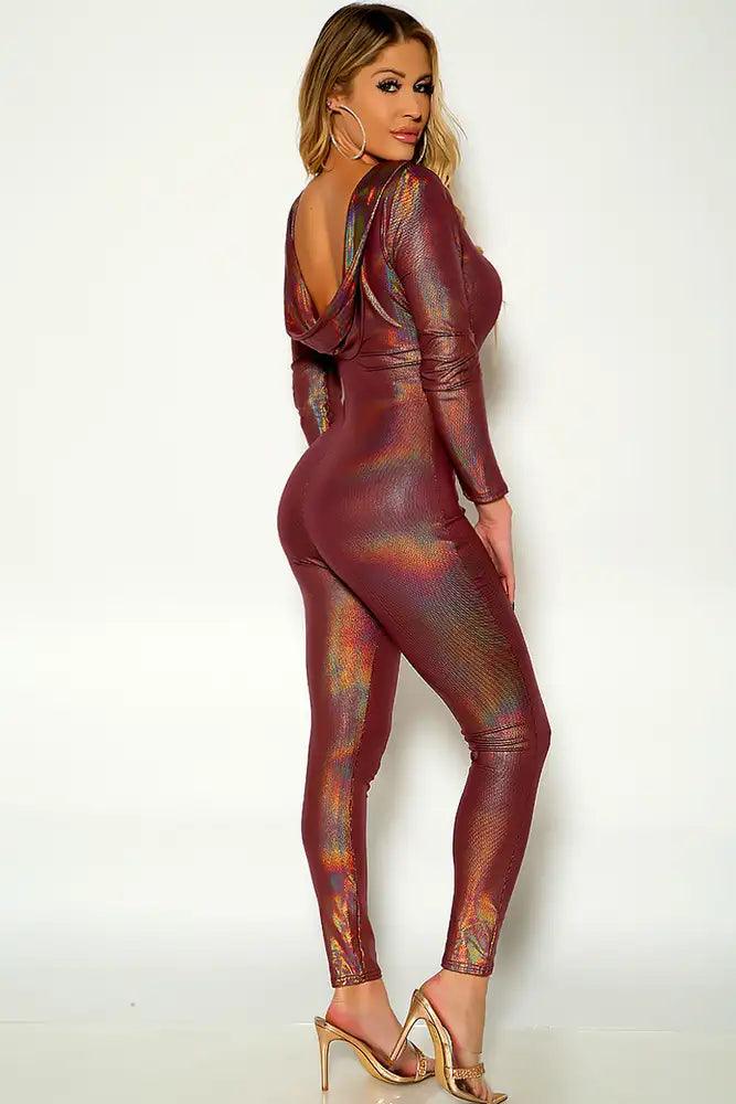 Brown Long Sleeve Metallic Fitted Jumpsuit - AMIClubwear