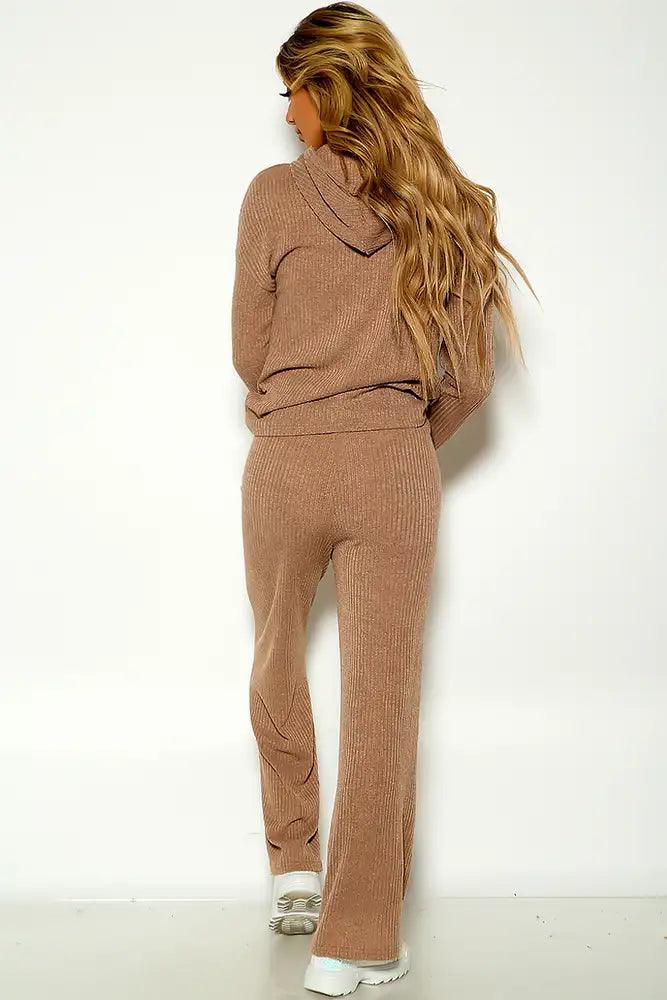 Brown Long sleeve Ribbed Lounge Wear Two Piece Outfit - AMIClubwear