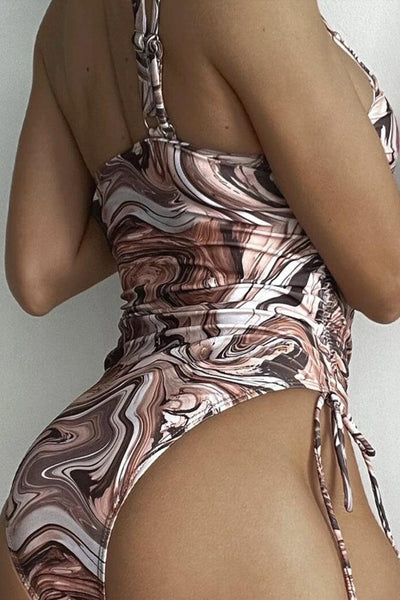 Brown Printed One Shoulder Sexy One Piece Swimsuit - AMIClubwear