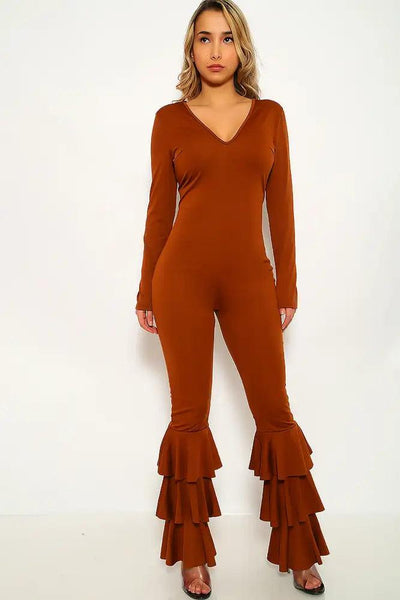 Brown Ruffled Long Sleeve Jumpsuit - AMIClubwear