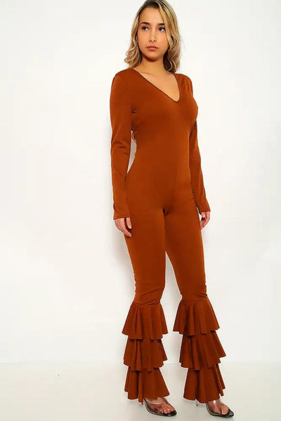 Brown Ruffled Long Sleeve Jumpsuit - AMIClubwear